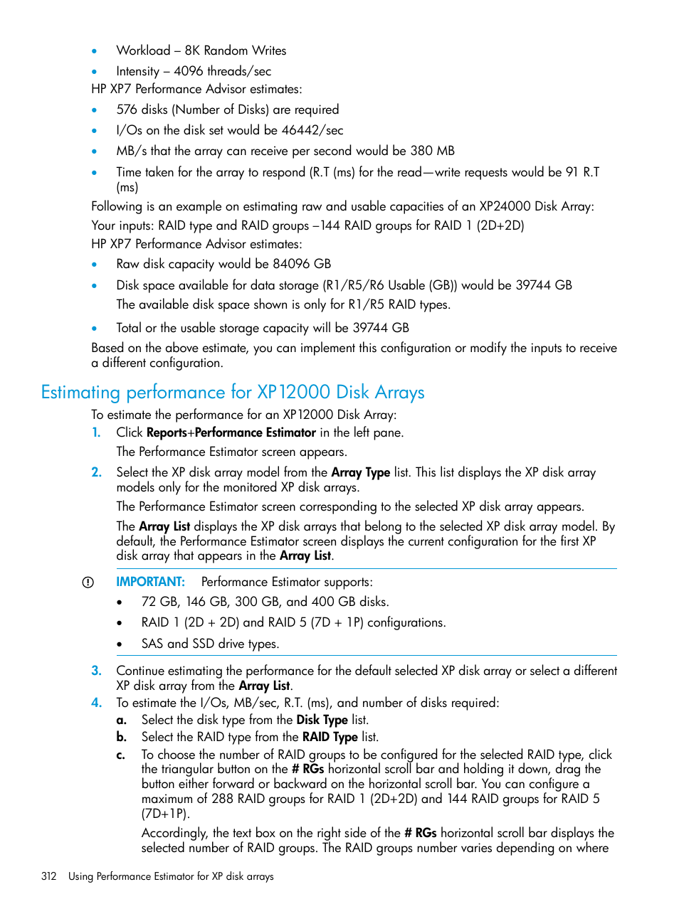 Estimating performance for xp12000 disk arrays | HP XP Performance Advisor Software User Manual | Page 312 / 414