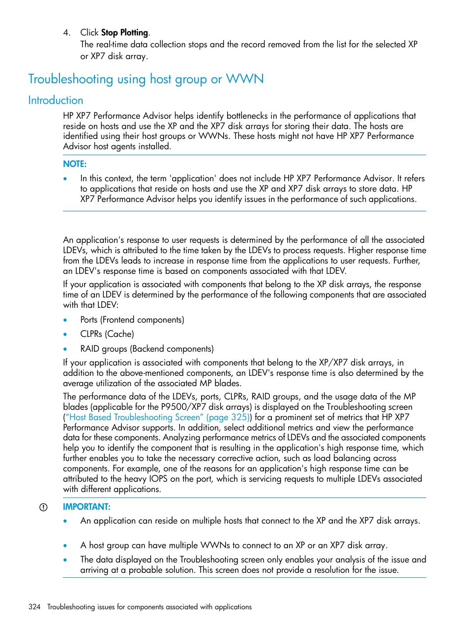 Troubleshooting using host group or wwn, Introduction | HP XP Performance Advisor Software User Manual | Page 324 / 414