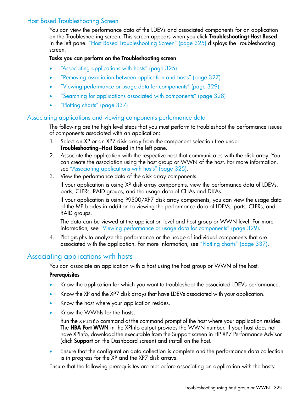 Host based troubleshooting screen, Associating applications with hosts, Host | HP XP Performance Advisor Software User Manual | Page 325 / 414