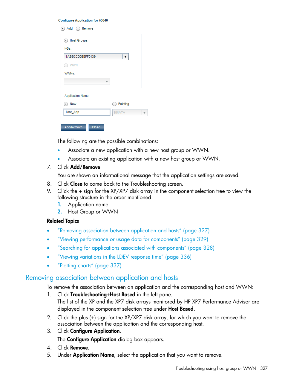 Removing association between application and hosts | HP XP Performance Advisor Software User Manual | Page 327 / 414