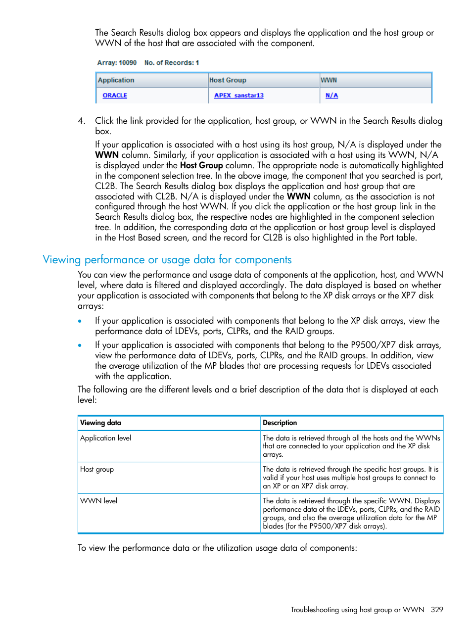 Viewing performance or usage data for components | HP XP Performance Advisor Software User Manual | Page 329 / 414