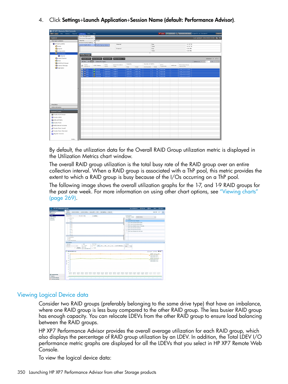 Viewing logical device data | HP XP Performance Advisor Software User Manual | Page 350 / 414