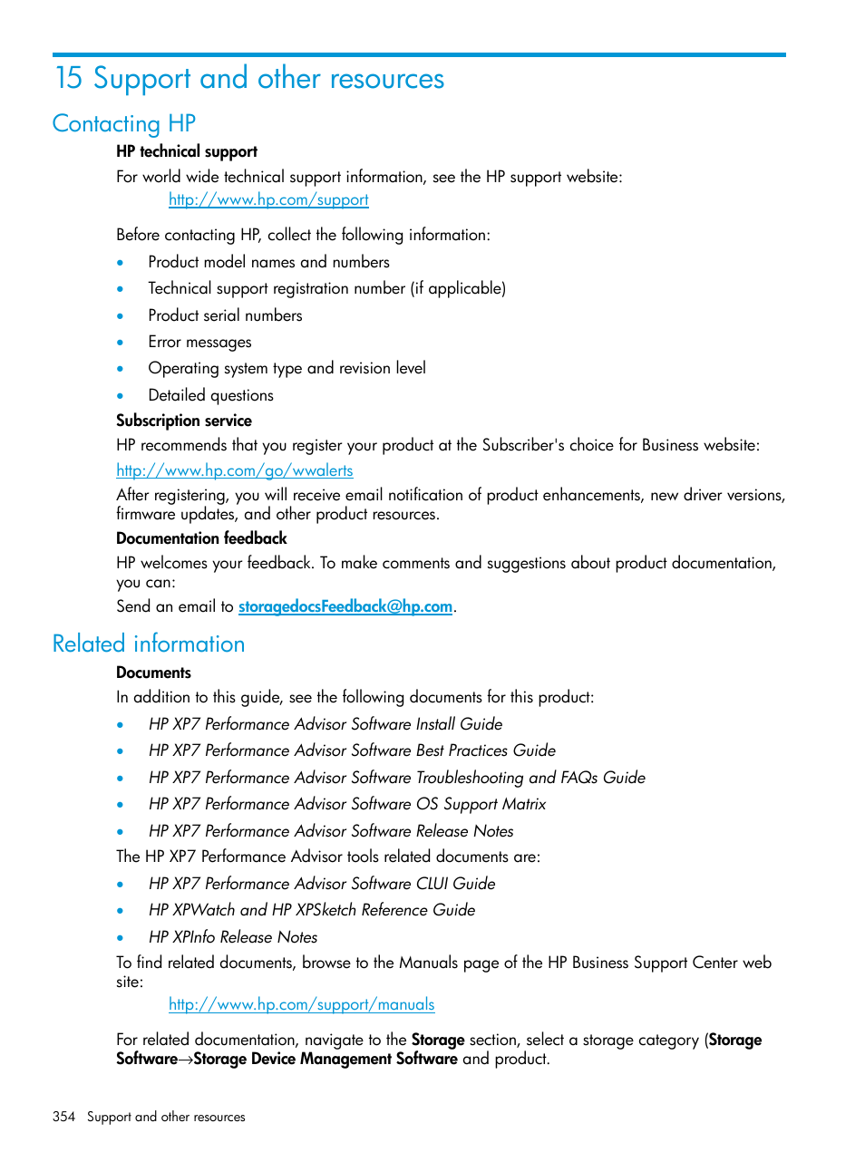 15 support and other resources, Contacting hp, Related information | Contacting hp related information | HP XP Performance Advisor Software User Manual | Page 354 / 414