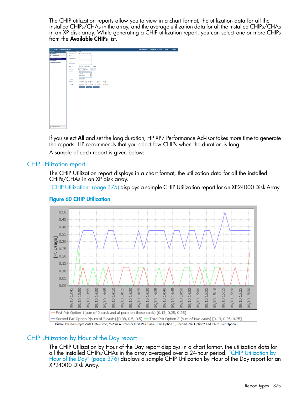 Chip utilization report, Chip utilization by hour of the day report | HP XP Performance Advisor Software User Manual | Page 375 / 414