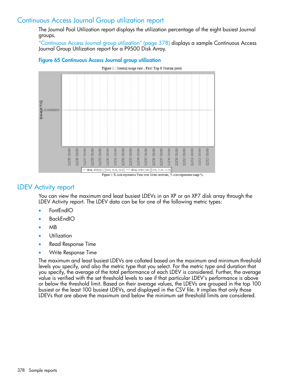 Continuous access journal group utilization report, Ldev activity report | HP XP Performance Advisor Software User Manual | Page 378 / 414