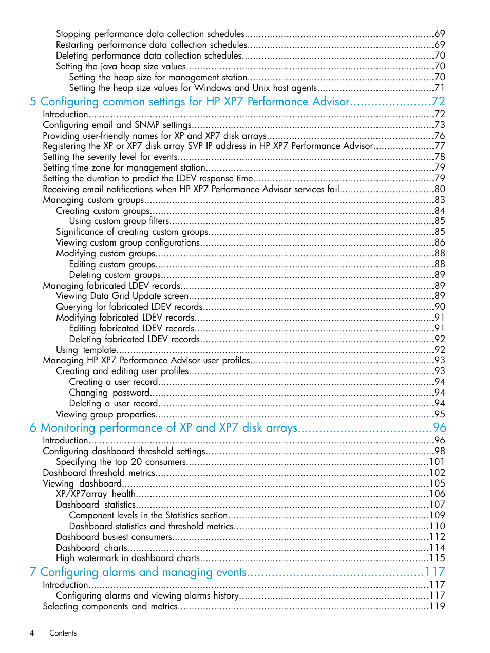 6monitoring performance of xp and xp7 disk arrays, 7 configuring alarms and managing events | HP XP Performance Advisor Software User Manual | Page 4 / 414