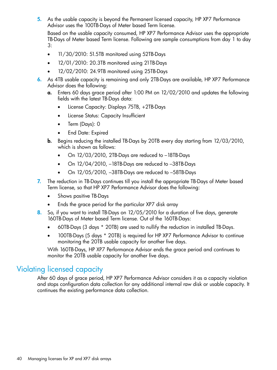 Violating licensed capacity | HP XP Performance Advisor Software User Manual | Page 40 / 414