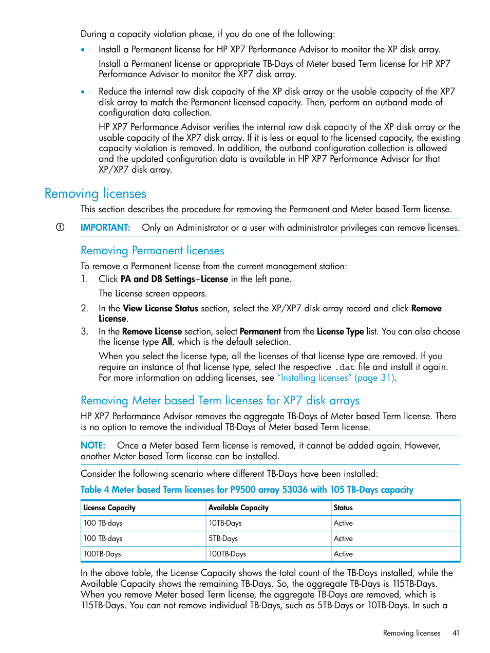 Removing licenses, Removing permanent licenses | HP XP Performance Advisor Software User Manual | Page 41 / 414