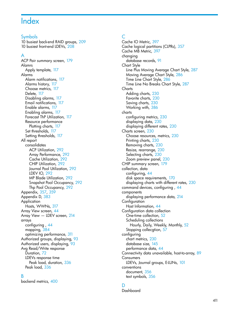 Index | HP XP Performance Advisor Software User Manual | Page 411 / 414