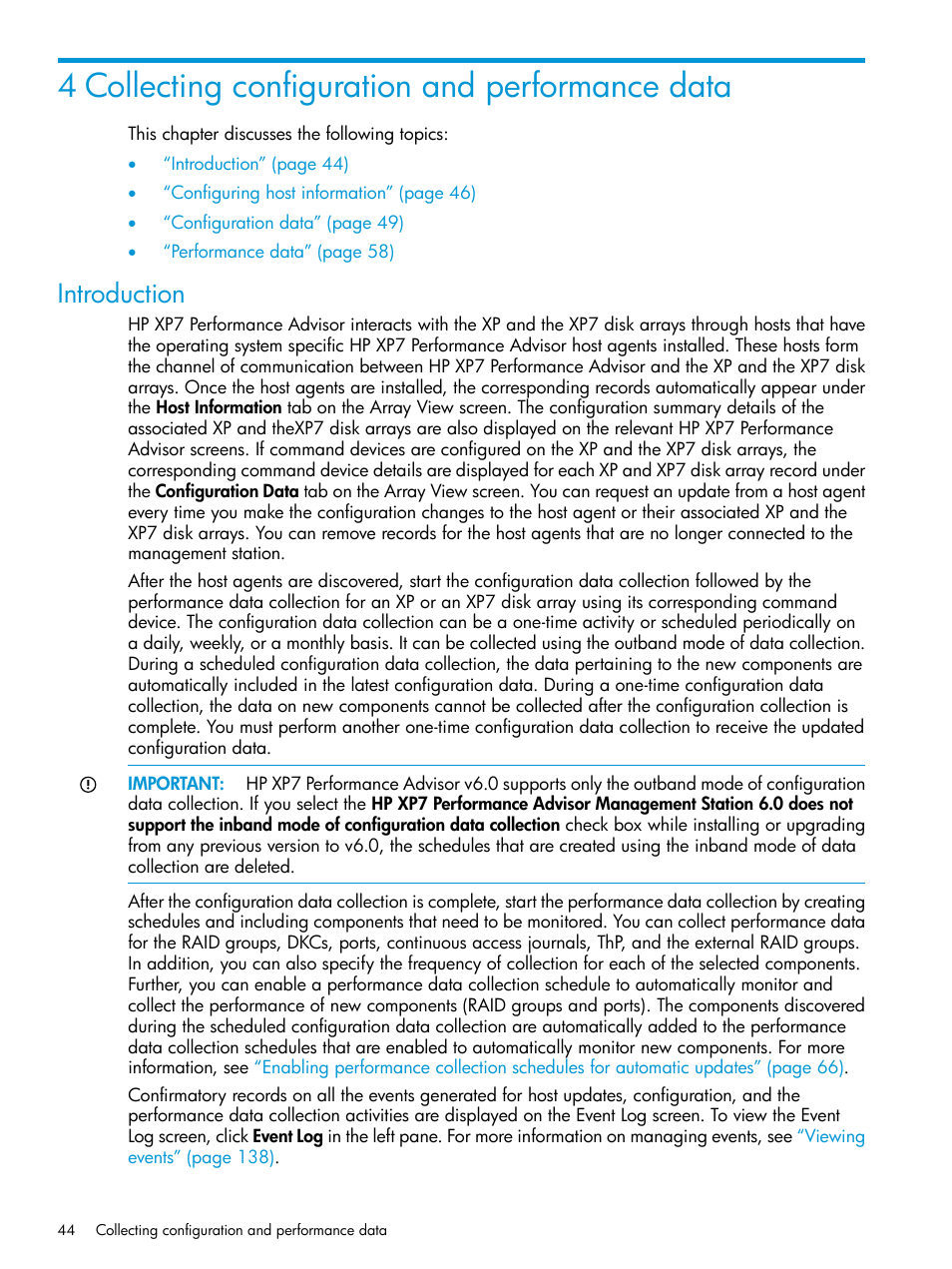 4 collecting configuration and performance data, Introduction | HP XP Performance Advisor Software User Manual | Page 44 / 414