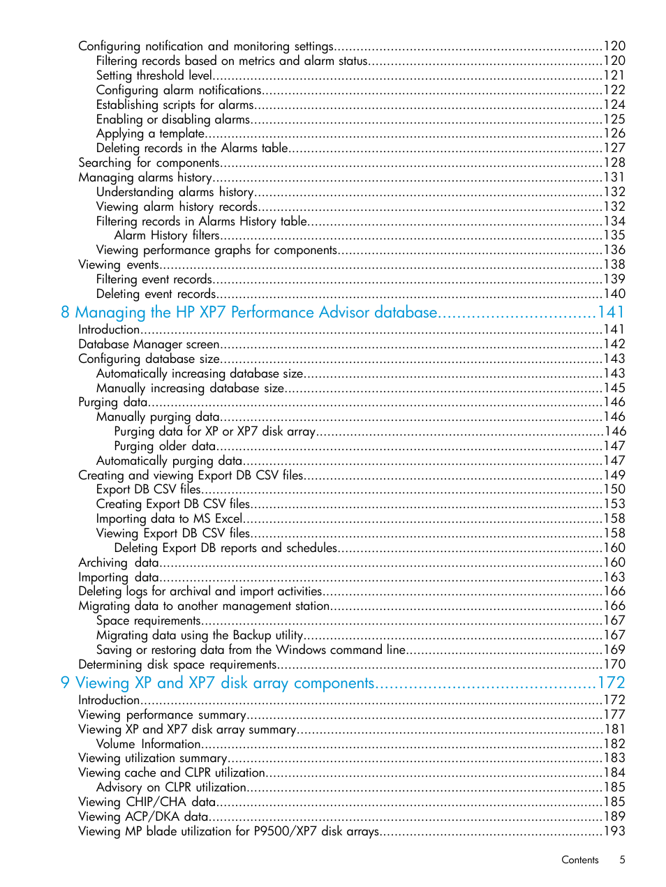 8 managing the hp xp7 performance advisor database, 9 viewing xp and xp7 disk array components | HP XP Performance Advisor Software User Manual | Page 5 / 414