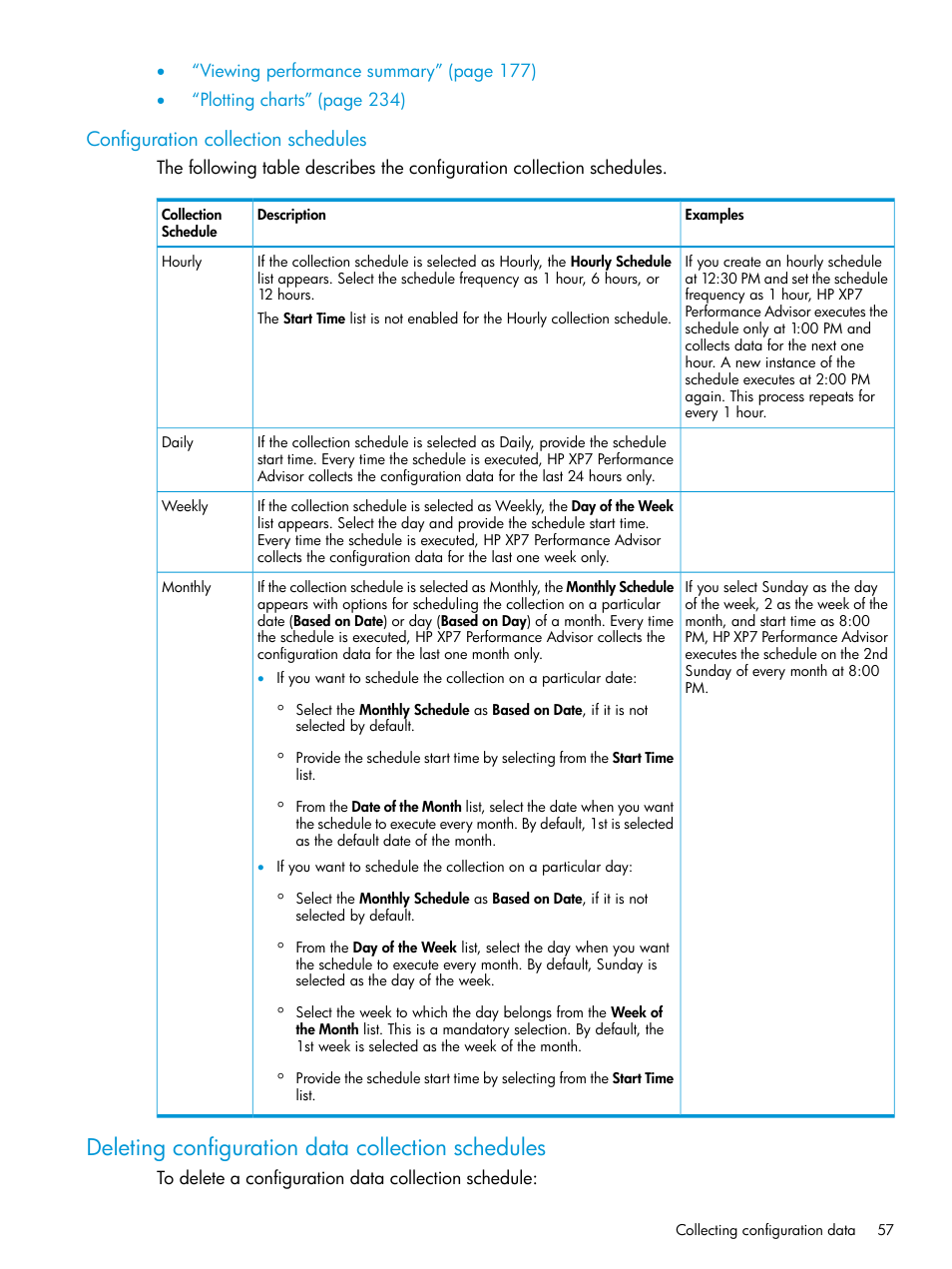 Configuration collection schedules, Deleting configuration data collection schedules | HP XP Performance Advisor Software User Manual | Page 57 / 414