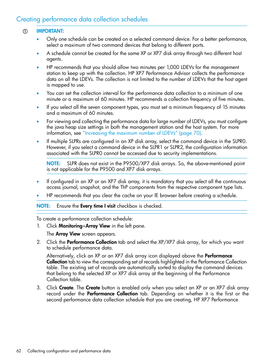 Creating performance data collection schedules | HP XP Performance Advisor Software User Manual | Page 62 / 414