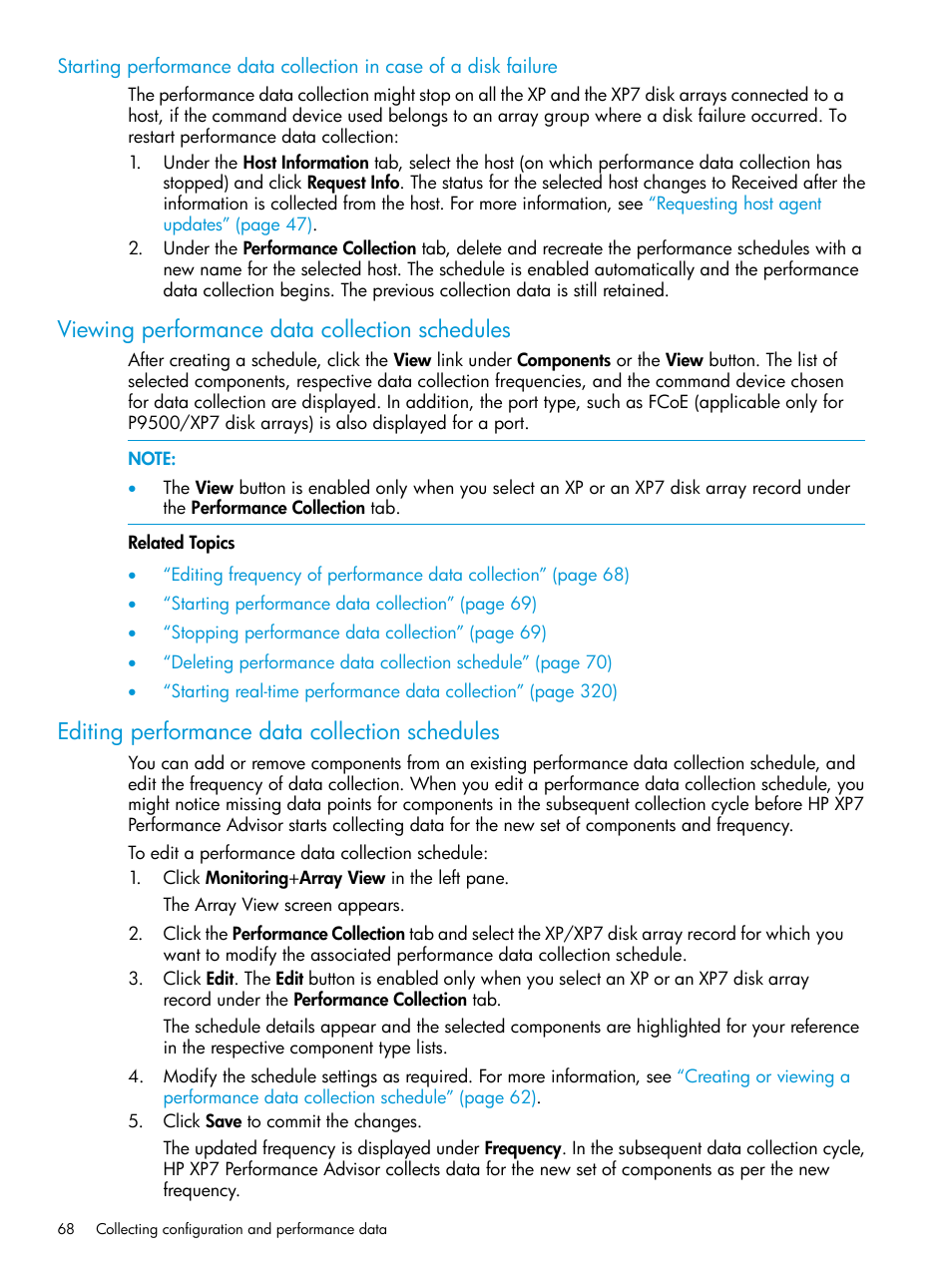 Viewing performance data collection schedules, Editing performance data collection schedules | HP XP Performance Advisor Software User Manual | Page 68 / 414
