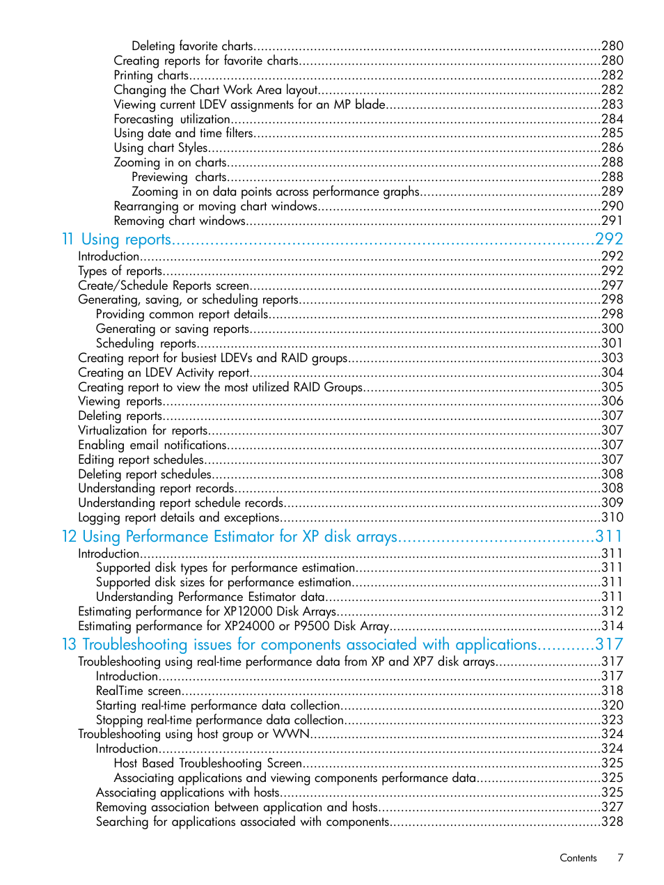 11 using reports, 12 using performance estimator for xp disk arrays | HP XP Performance Advisor Software User Manual | Page 7 / 414