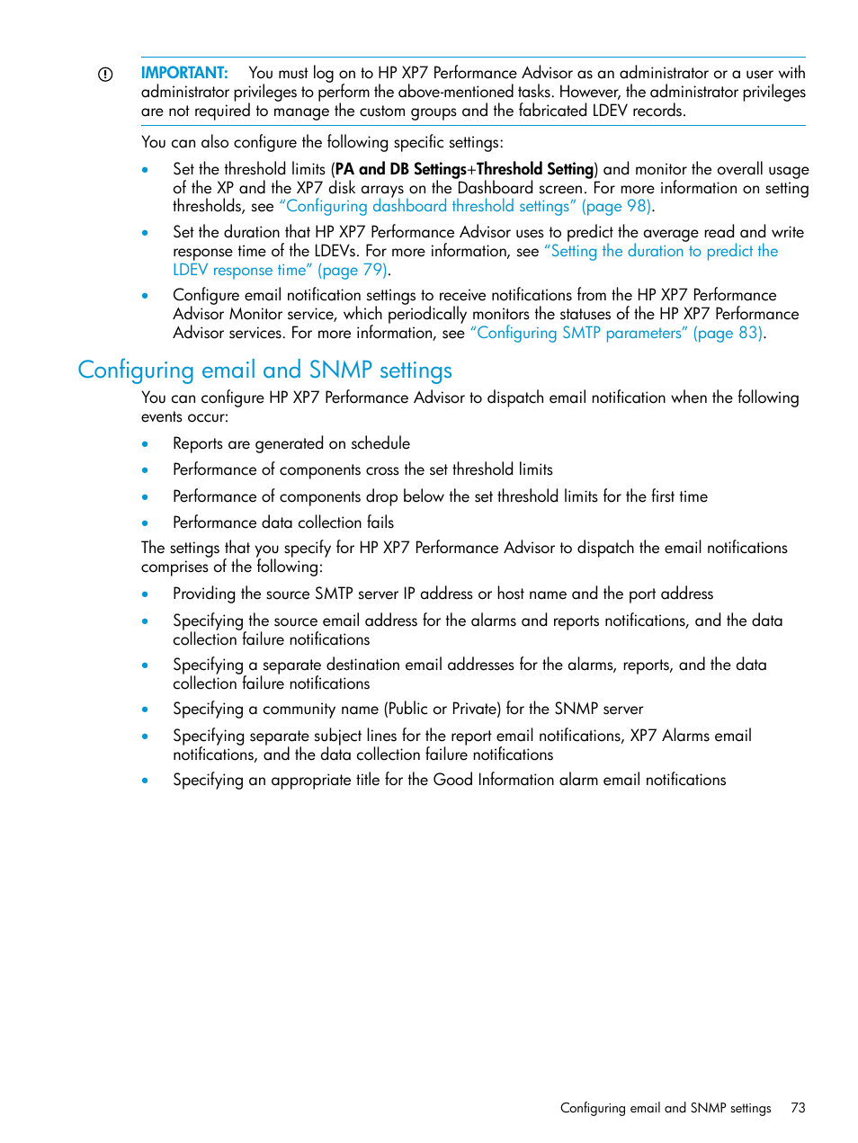 Configuring email and snmp settings | HP XP Performance Advisor Software User Manual | Page 73 / 414