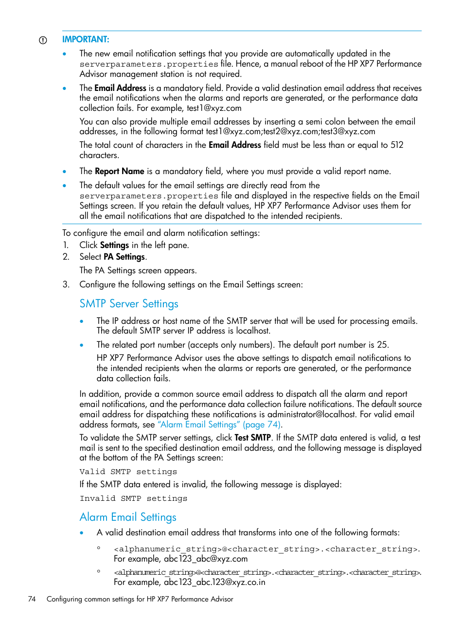 Smtp server settings, Alarm email settings | HP XP Performance Advisor Software User Manual | Page 74 / 414