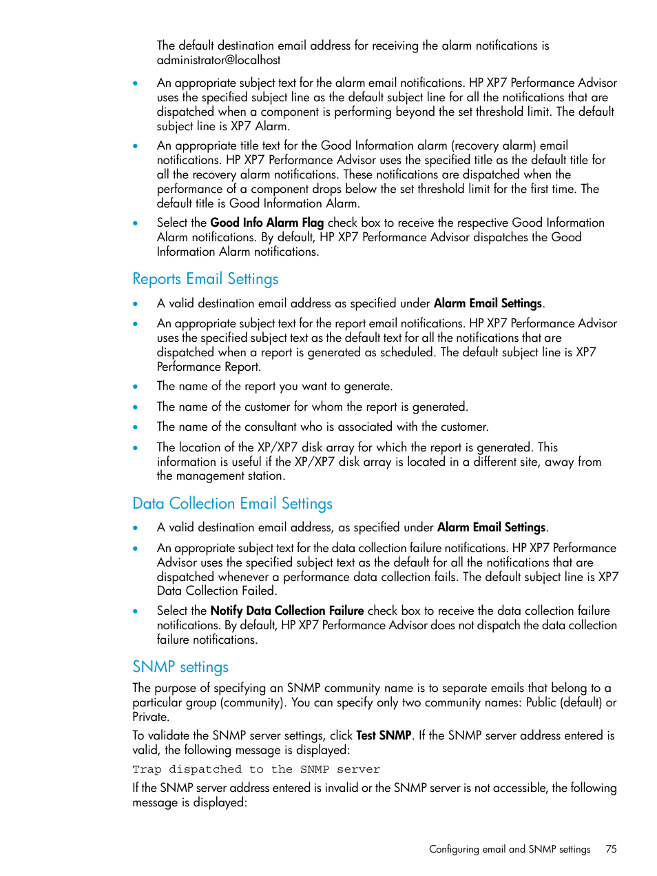 Reports email settings, Data collection email settings, Snmp settings | HP XP Performance Advisor Software User Manual | Page 75 / 414