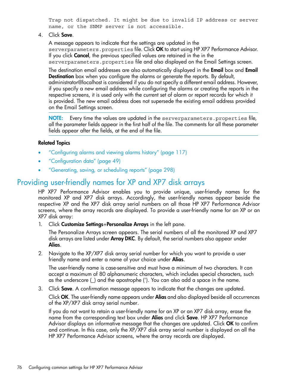 Providing, User-friendly names for xp and xp7 disk arrays, User-friendly names for xp and xp7 disk | Arrays | HP XP Performance Advisor Software User Manual | Page 76 / 414