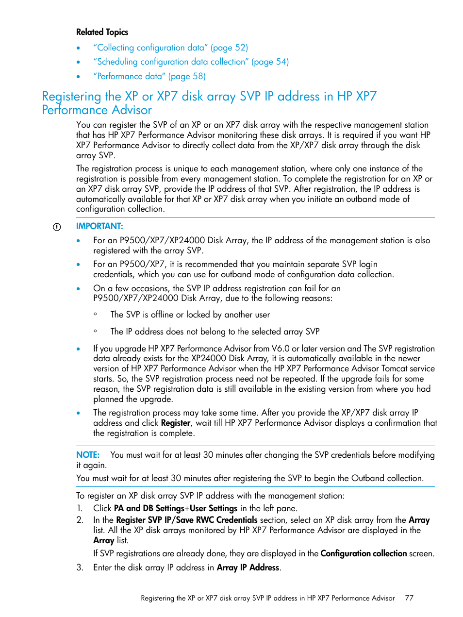 Registering, The xp or xp7 disk array svp ip address in hp xp7, Performance | Advisor | HP XP Performance Advisor Software User Manual | Page 77 / 414