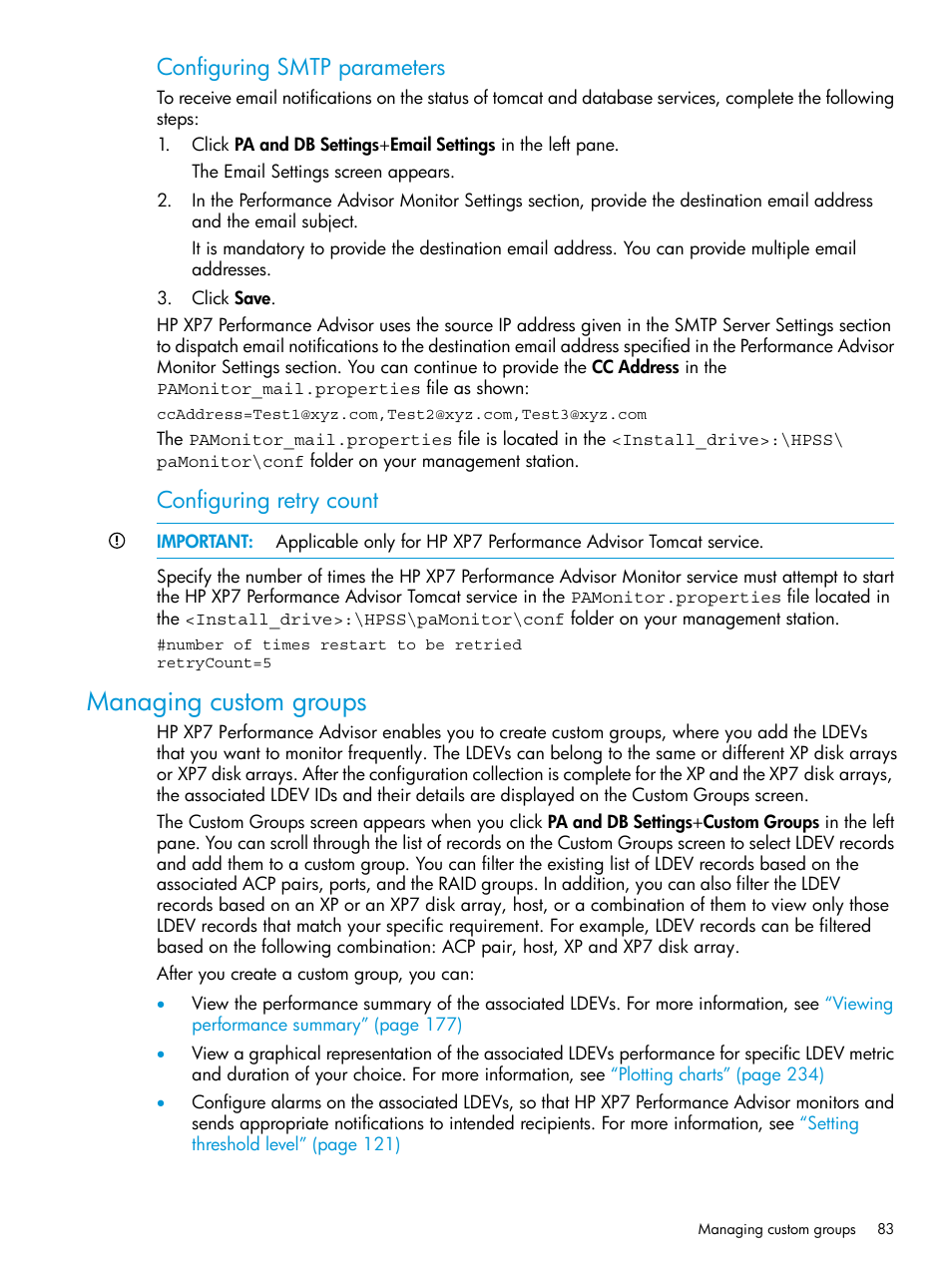 Managing custom groups, Configuring smtp parameters, Configuring retry count | HP XP Performance Advisor Software User Manual | Page 83 / 414