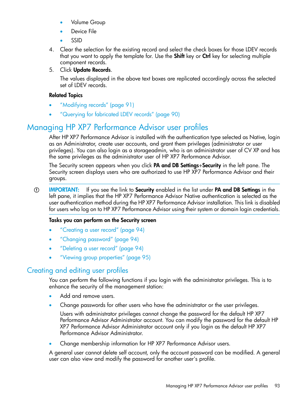 Managing hp xp7 performance advisor user profiles, Creating and editing user profiles | HP XP Performance Advisor Software User Manual | Page 93 / 414