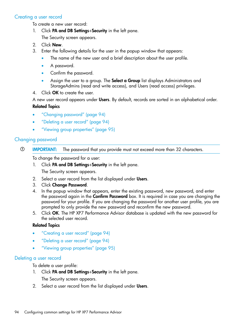 Creating a user record, Changing password, Deleting a user record | HP XP Performance Advisor Software User Manual | Page 94 / 414