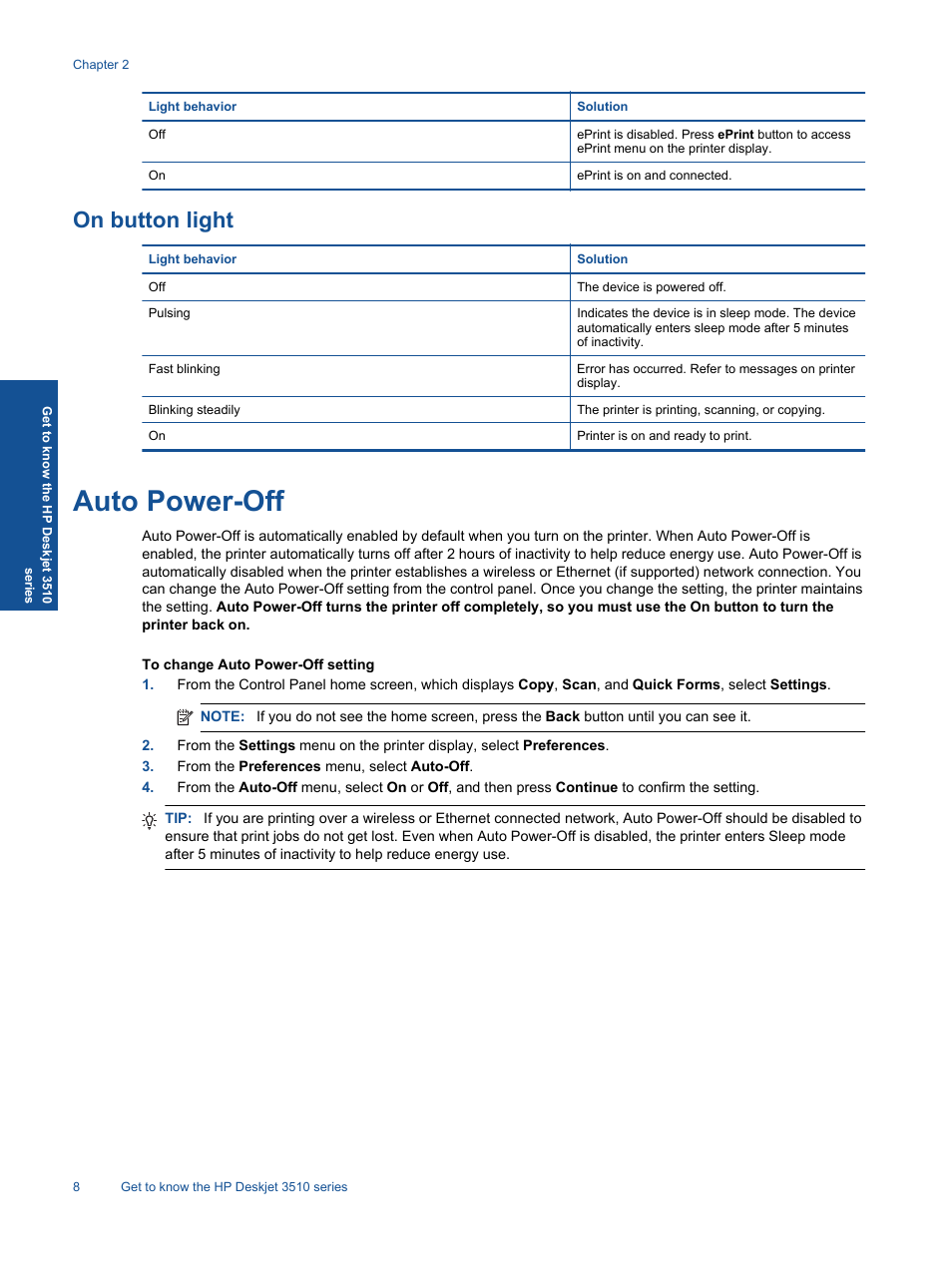 On button light, Auto power-off | HP Deskjet 3511 e-All-in-One Printer User Manual | Page 10 / 62