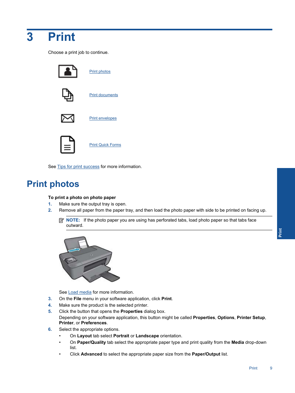 Print, Print photos, 3print | HP Deskjet 3511 e-All-in-One Printer User Manual | Page 11 / 62