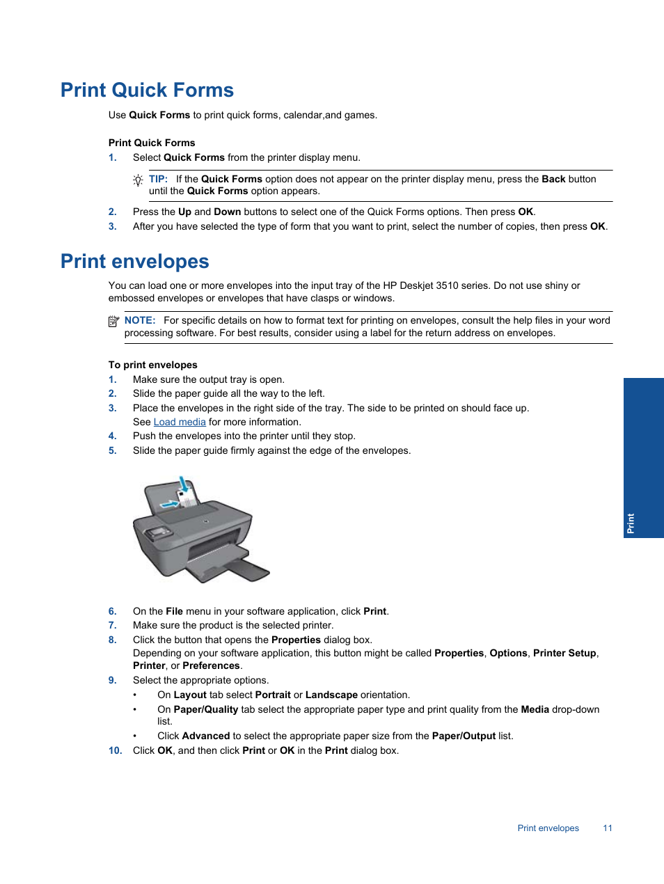 Print quick forms, Print envelopes, Print quick forms print envelopes | HP Deskjet 3511 e-All-in-One Printer User Manual | Page 13 / 62