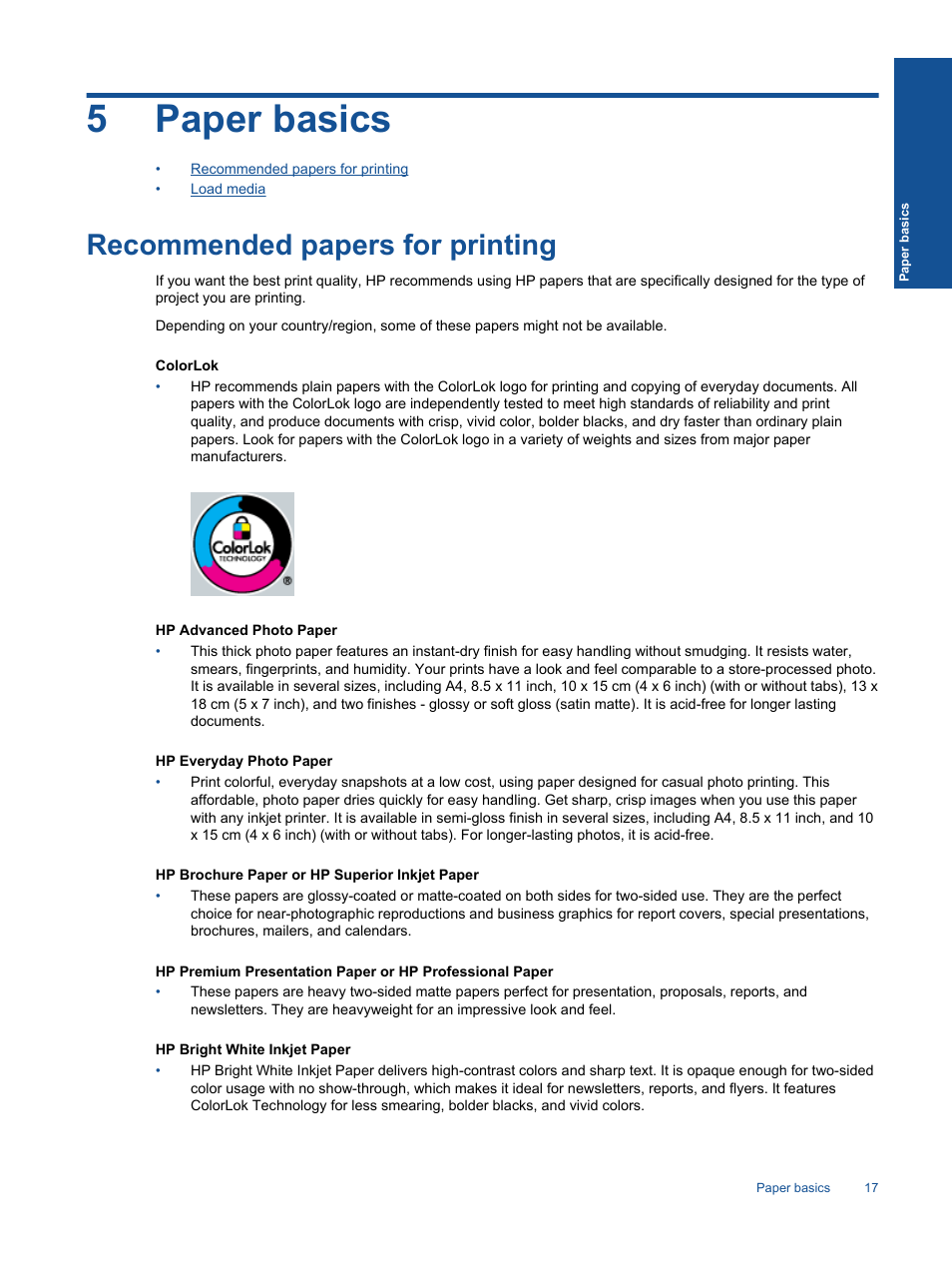 Paper basics, Recommended papers for printing, 5paper basics | HP Deskjet 3511 e-All-in-One Printer User Manual | Page 19 / 62