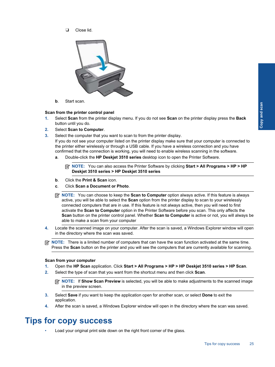 Tips for copy success | HP Deskjet 3511 e-All-in-One Printer User Manual | Page 27 / 62