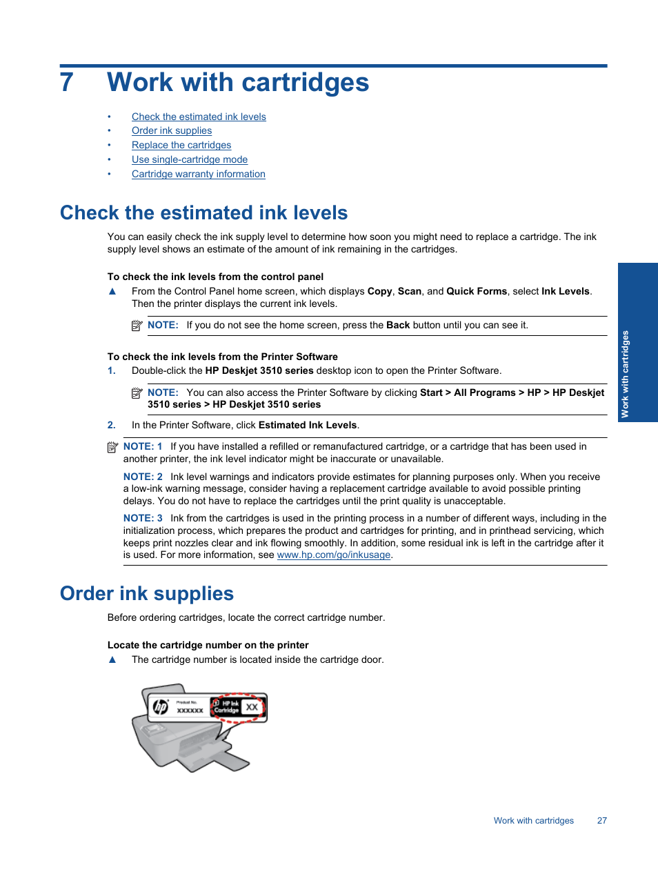 Work with cartridges, Check the estimated ink levels, Order ink supplies | Check the estimated ink levels order ink supplies, 7work with cartridges | HP Deskjet 3511 e-All-in-One Printer User Manual | Page 29 / 62
