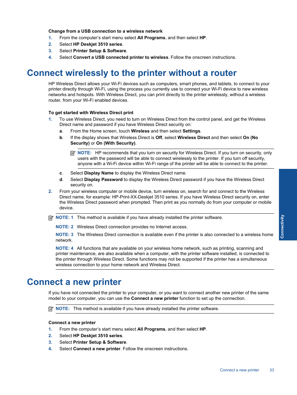 Connect wirelessly to the printer without a router, Connect a new printer | HP Deskjet 3511 e-All-in-One Printer User Manual | Page 35 / 62