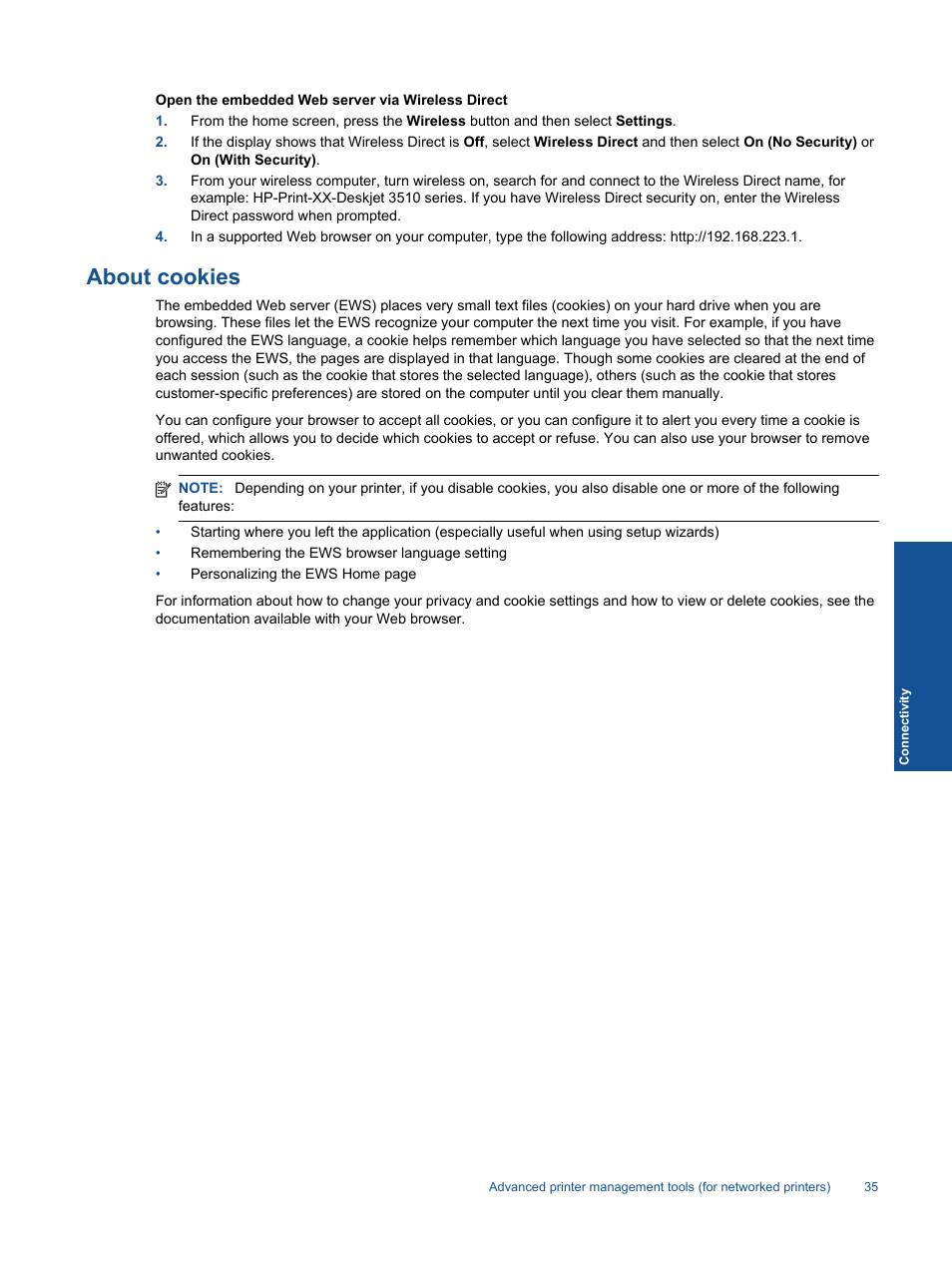 About cookies | HP Deskjet 3511 e-All-in-One Printer User Manual | Page 37 / 62