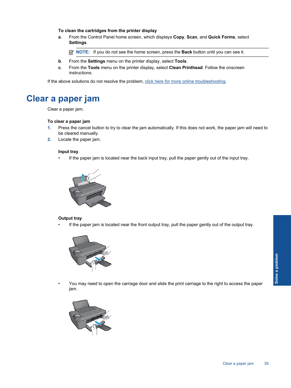 Clear a paper jam | HP Deskjet 3511 e-All-in-One Printer User Manual | Page 41 / 62