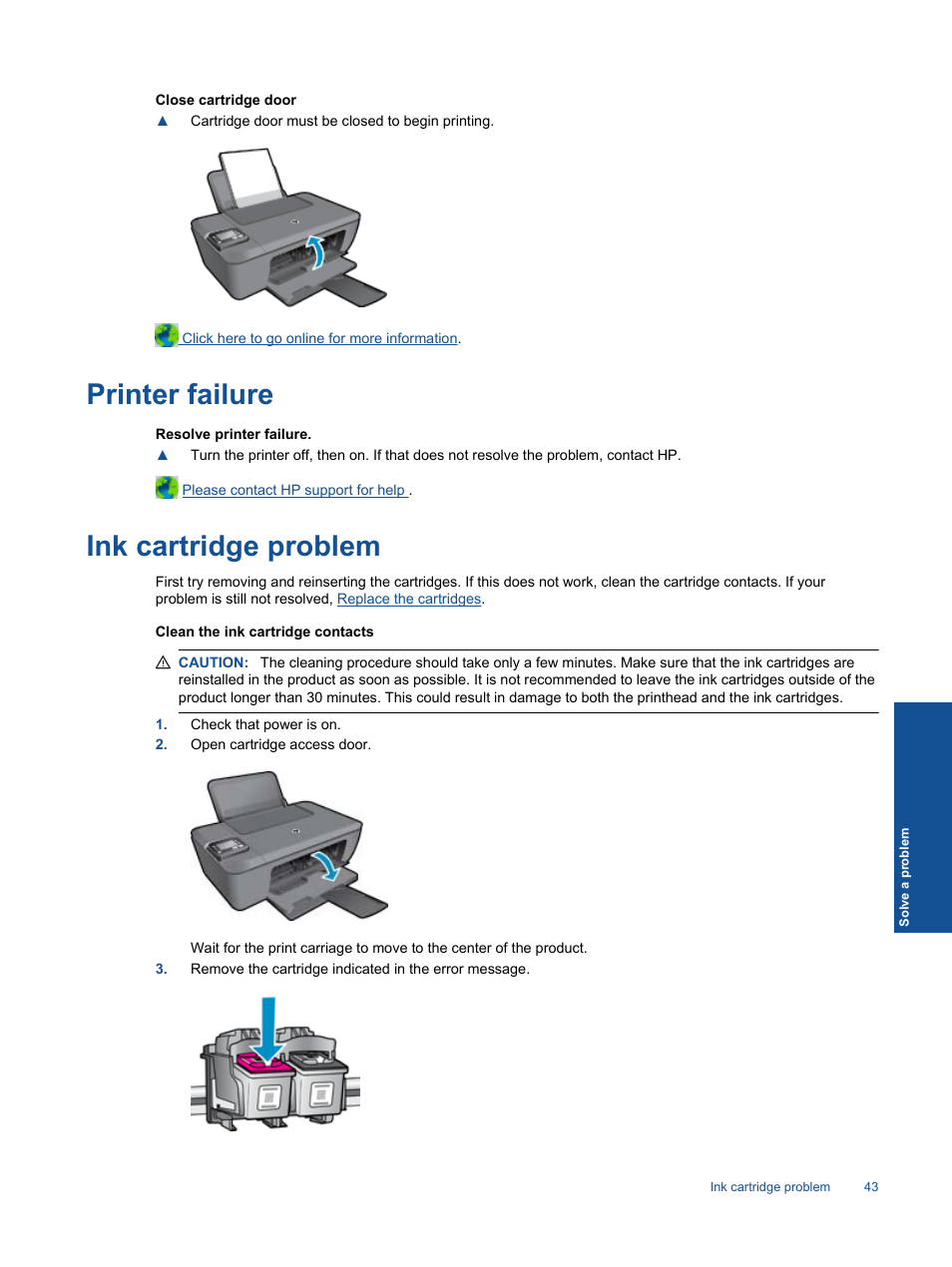 Printer failure, Ink cartridge problem | HP Deskjet 3511 e-All-in-One Printer User Manual | Page 45 / 62