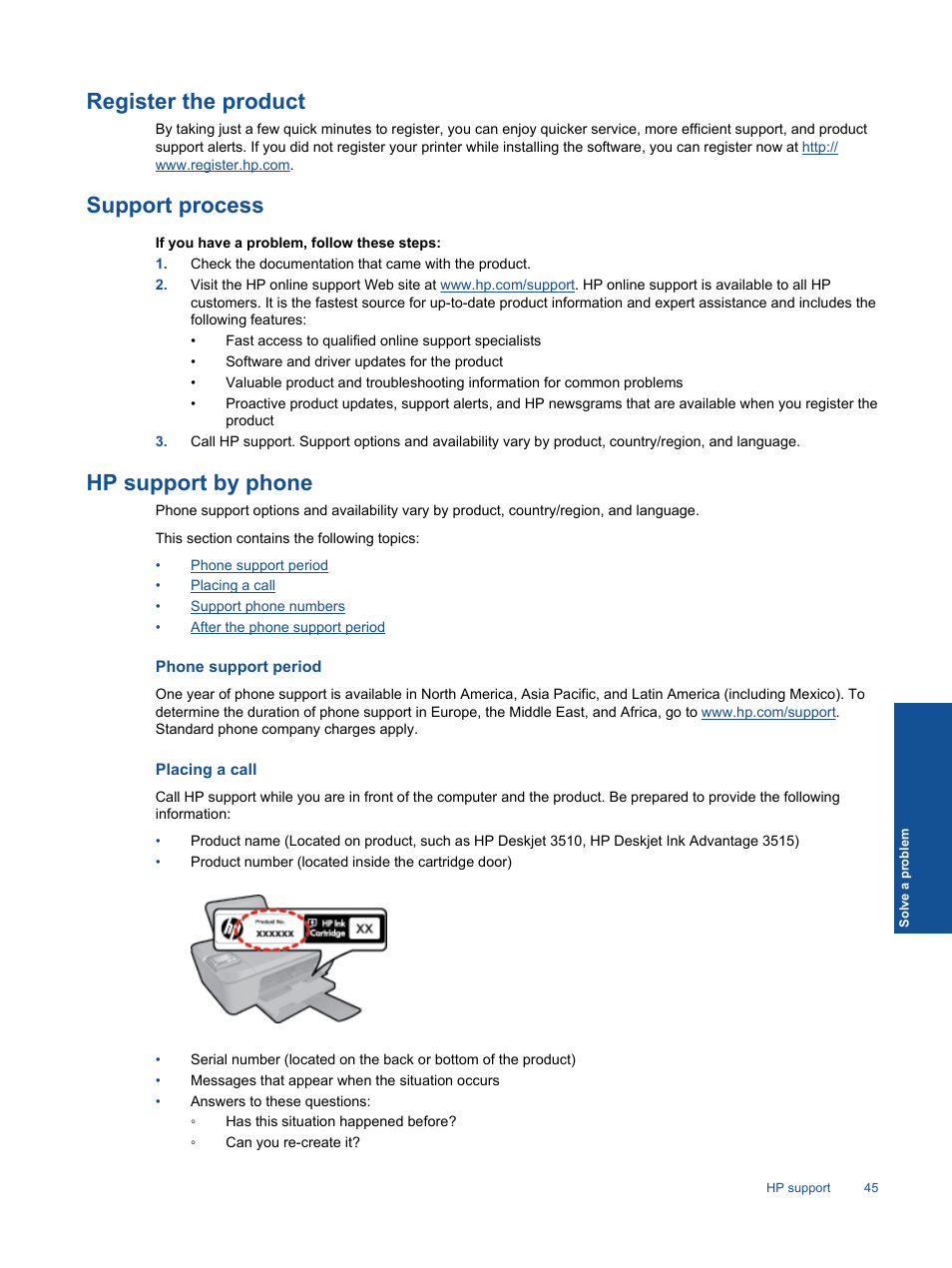 Register the product, Support process, Hp support by phone | Phone support period, Placing a call | HP Deskjet 3511 e-All-in-One Printer User Manual | Page 47 / 62