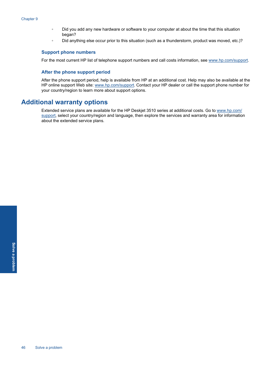 Support phone numbers, After the phone support period, Additional warranty options | HP Deskjet 3511 e-All-in-One Printer User Manual | Page 48 / 62