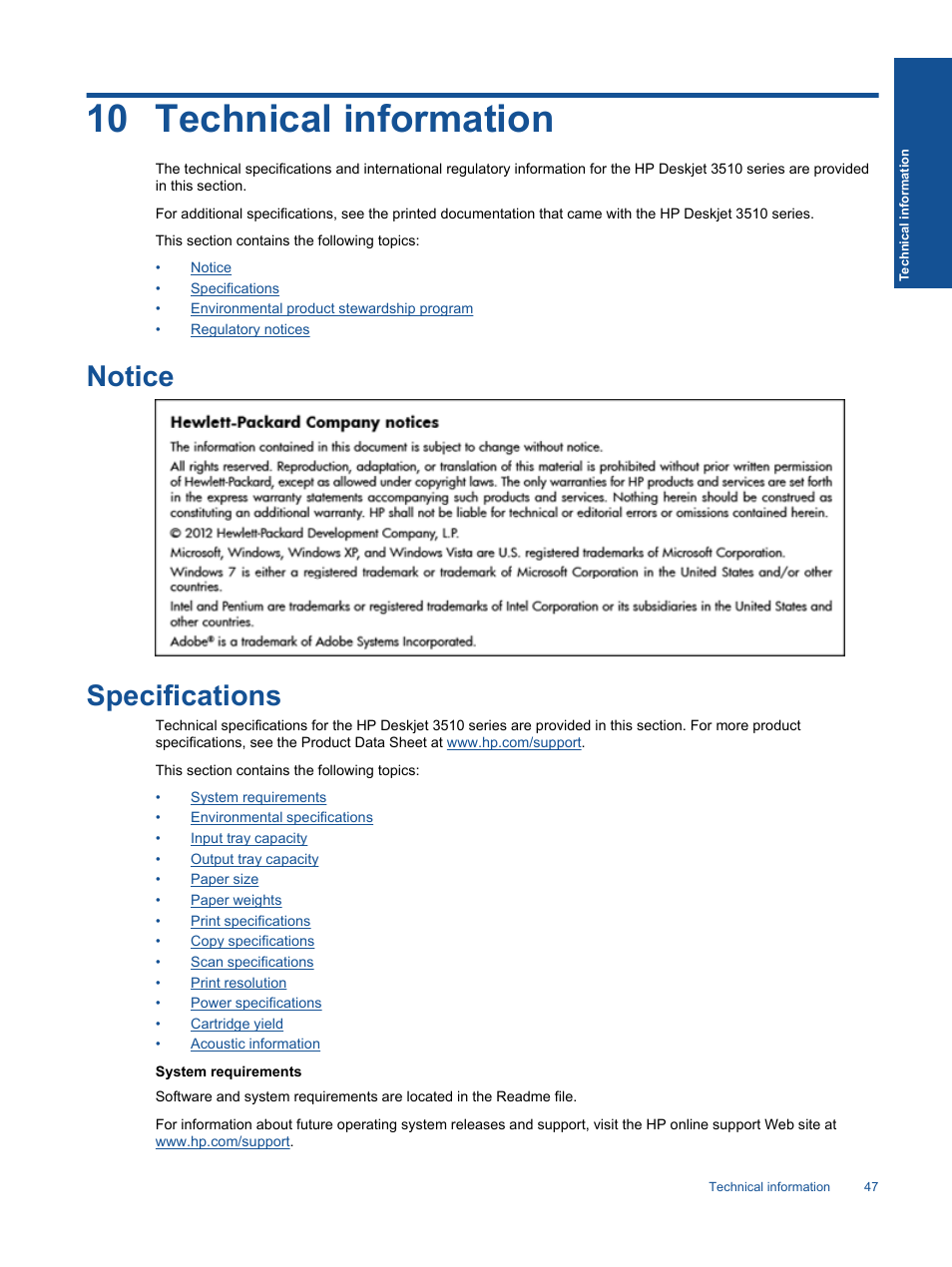 Technical information, Notice, Specifications | Notice specifications, 10 technical information | HP Deskjet 3511 e-All-in-One Printer User Manual | Page 49 / 62