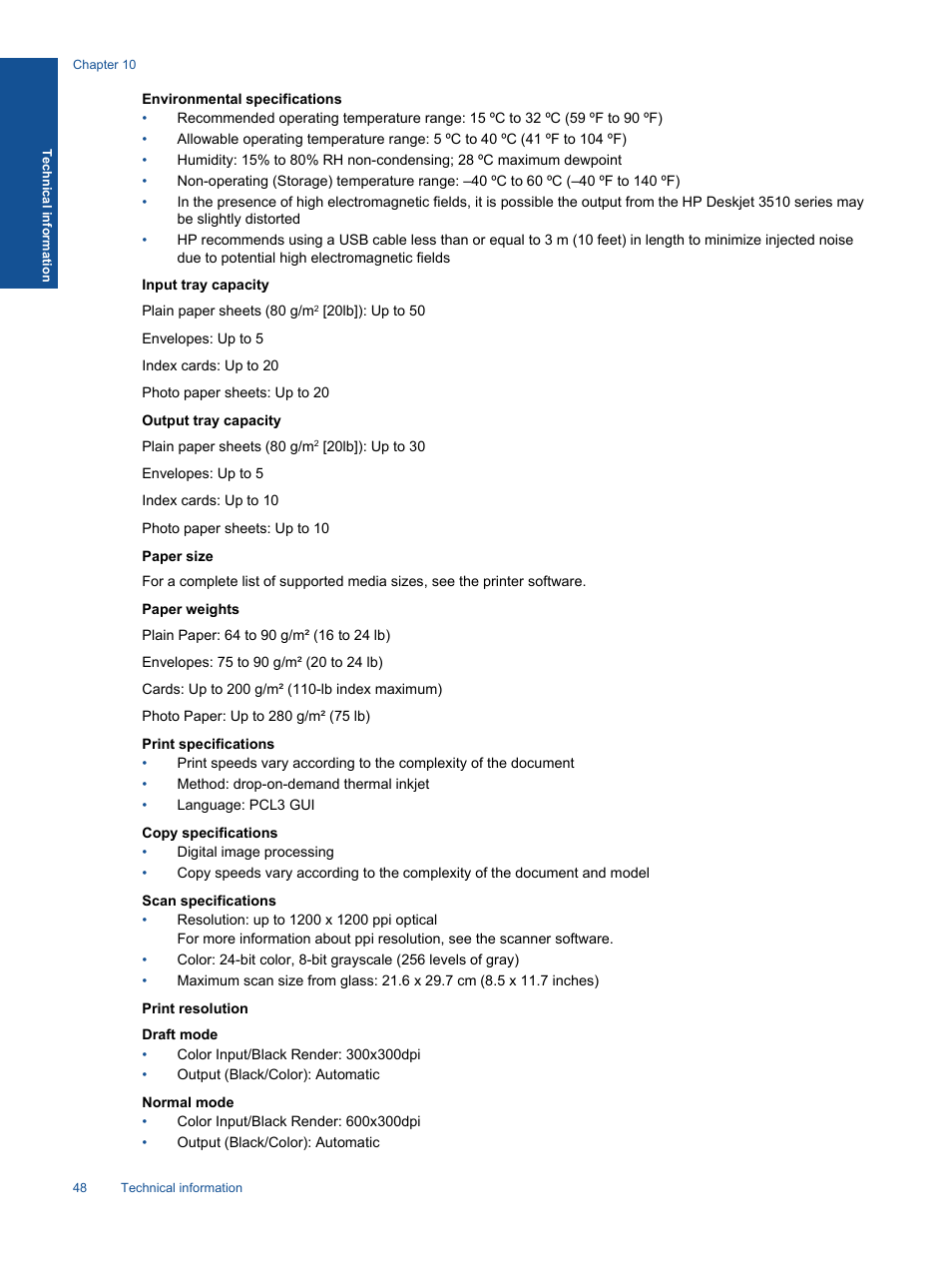 Environmental specifications, Input tray capacity, Output tray capacity | Paper size, Paper weights, Print specifications, Copy specifications, Scan specifications, Print resolution | HP Deskjet 3511 e-All-in-One Printer User Manual | Page 50 / 62