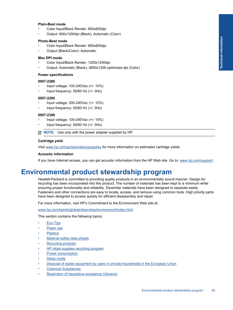 Environmental product stewardship program, Power specifications, Cartridge yield | Acoustic information | HP Deskjet 3511 e-All-in-One Printer User Manual | Page 51 / 62