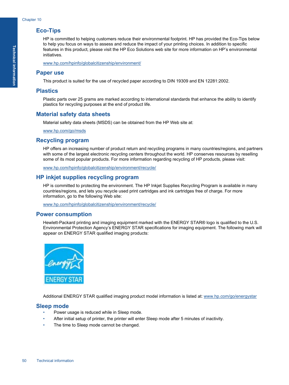 Eco-tips, Paper use, Plastics | Material safety data sheets, Recycling program, Hp inkjet supplies recycling program, Power consumption, Sleep mode | HP Deskjet 3511 e-All-in-One Printer User Manual | Page 52 / 62