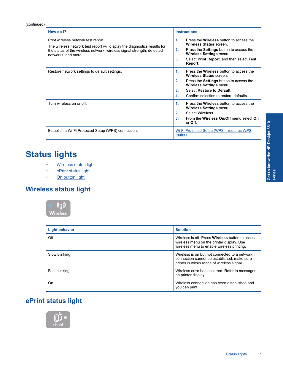 Status lights, Wireless status light, Eprint status light | HP Deskjet 3511 e-All-in-One Printer User Manual | Page 9 / 62