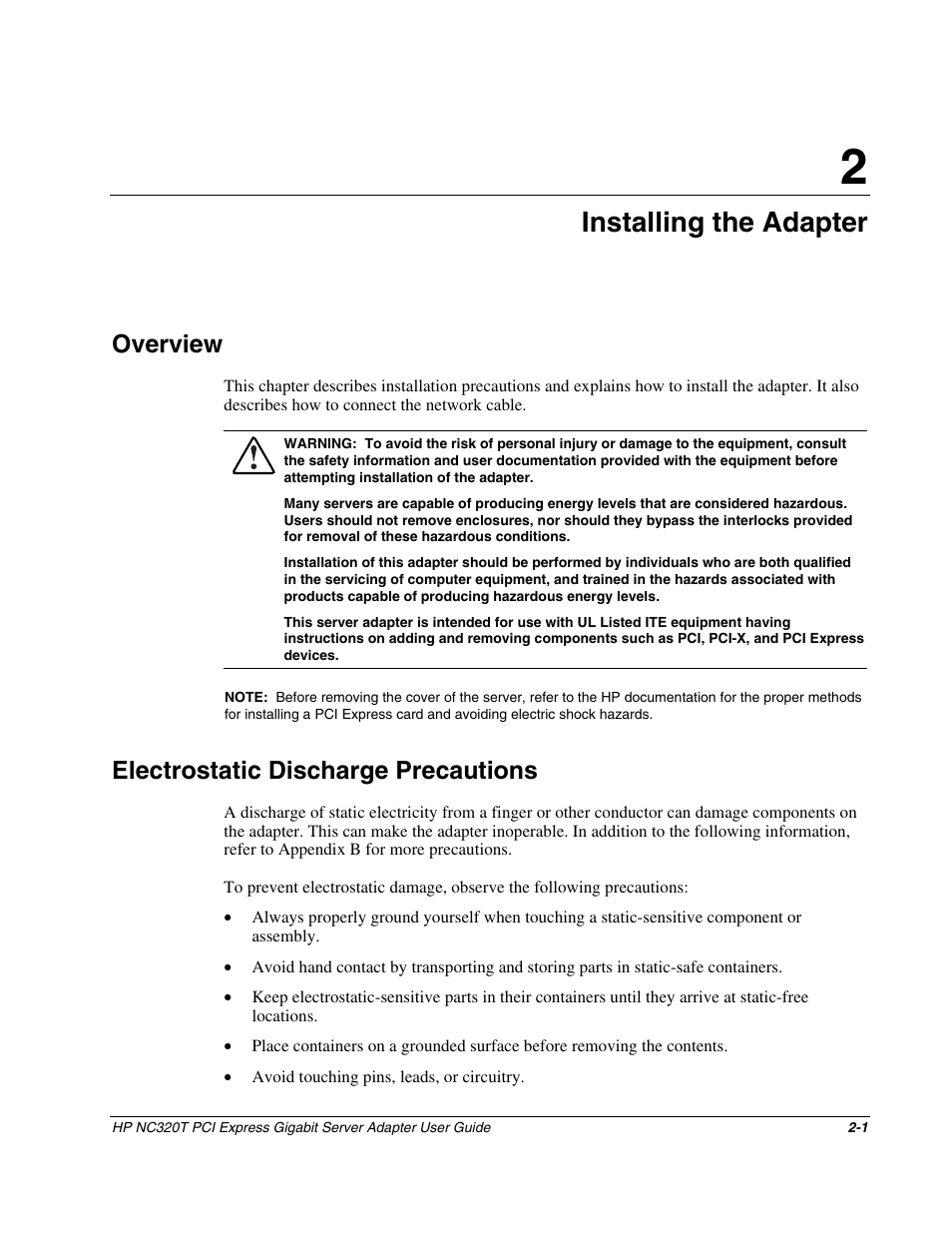 Chapter 2: installing the adapter, Overview, Electrostatic discharge precautions | Chapter 2, Installing the adapter, Overview -1, Electrostatic discharge precautions -1 | HP NC320T PCI Express Gigabit Server Adapter User Manual | Page 10 / 21
