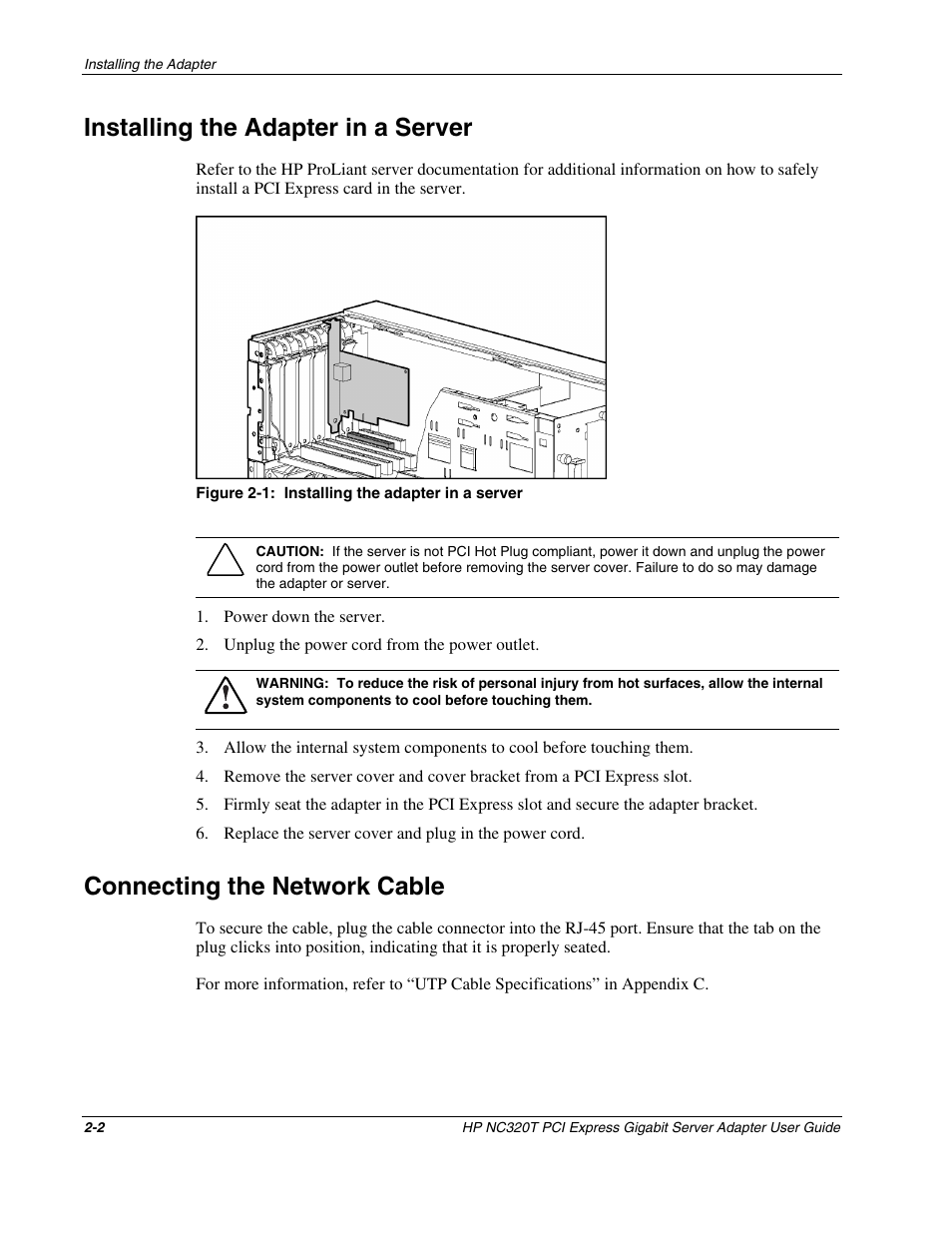 Installing the adapter in a server, Connecting the network cable, Installing the adapter in a server -2 | Connecting the network cable -2 | HP NC320T PCI Express Gigabit Server Adapter User Manual | Page 11 / 21