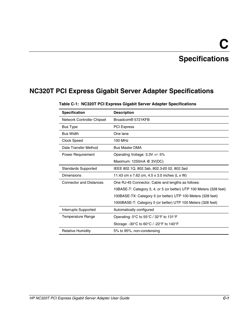 Appendix c: specifications, Appendix c, Specifications | HP NC320T PCI Express Gigabit Server Adapter User Manual | Page 16 / 21