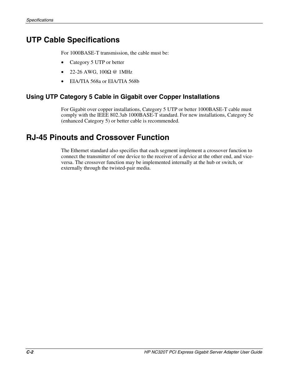 Utp cable specifications, Rj-45 pinouts and crossover function | HP NC320T PCI Express Gigabit Server Adapter User Manual | Page 17 / 21