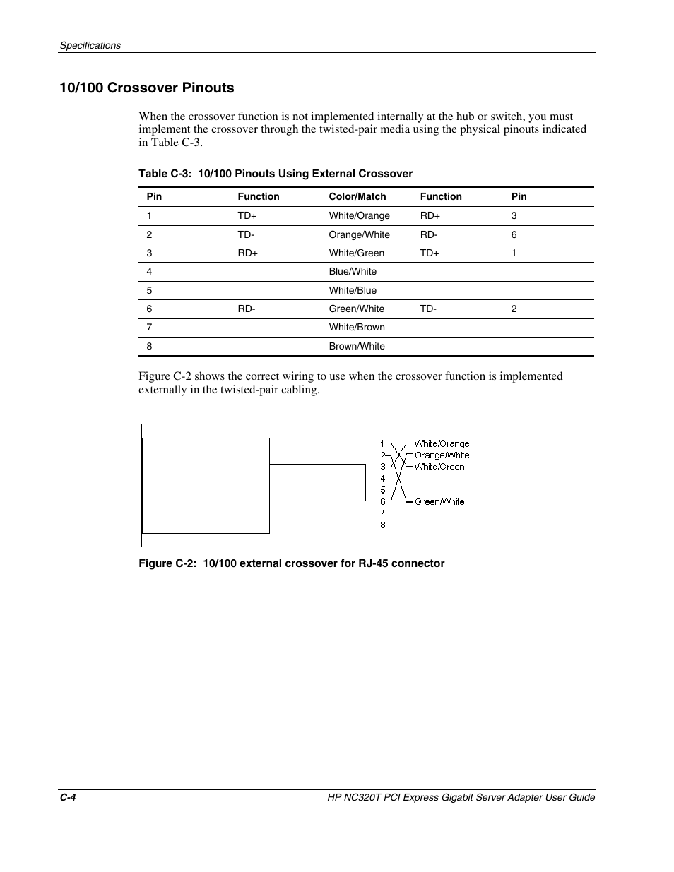 10/100 crossover pinouts | HP NC320T PCI Express Gigabit Server Adapter User Manual | Page 19 / 21