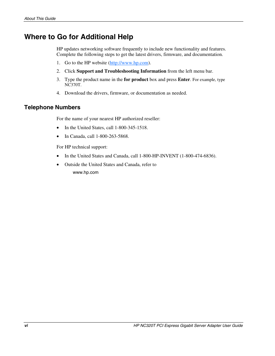 Where to go for additional help, Telephone numbers | HP NC320T PCI Express Gigabit Server Adapter User Manual | Page 6 / 21